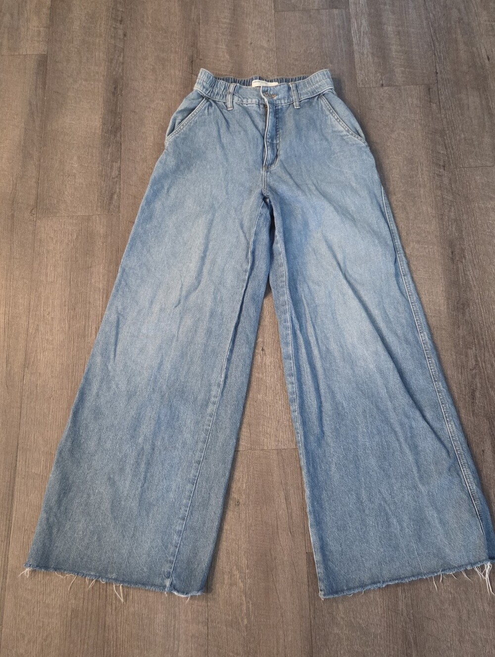 Garage Denim Wide Leg Jeans Raw Hem Med Wash High Rise Skater Relaxed Size 25